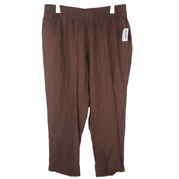 NWT Old Navy High Rise Straight Pants Linen Blend Pull On Brown Pockets Petite L - Picture 1 of 9
